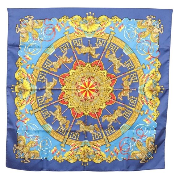 HERMES Carre 90 Scarf ""Plumes et Grelots"" Silk Blue Auth - Picture 1 of 15